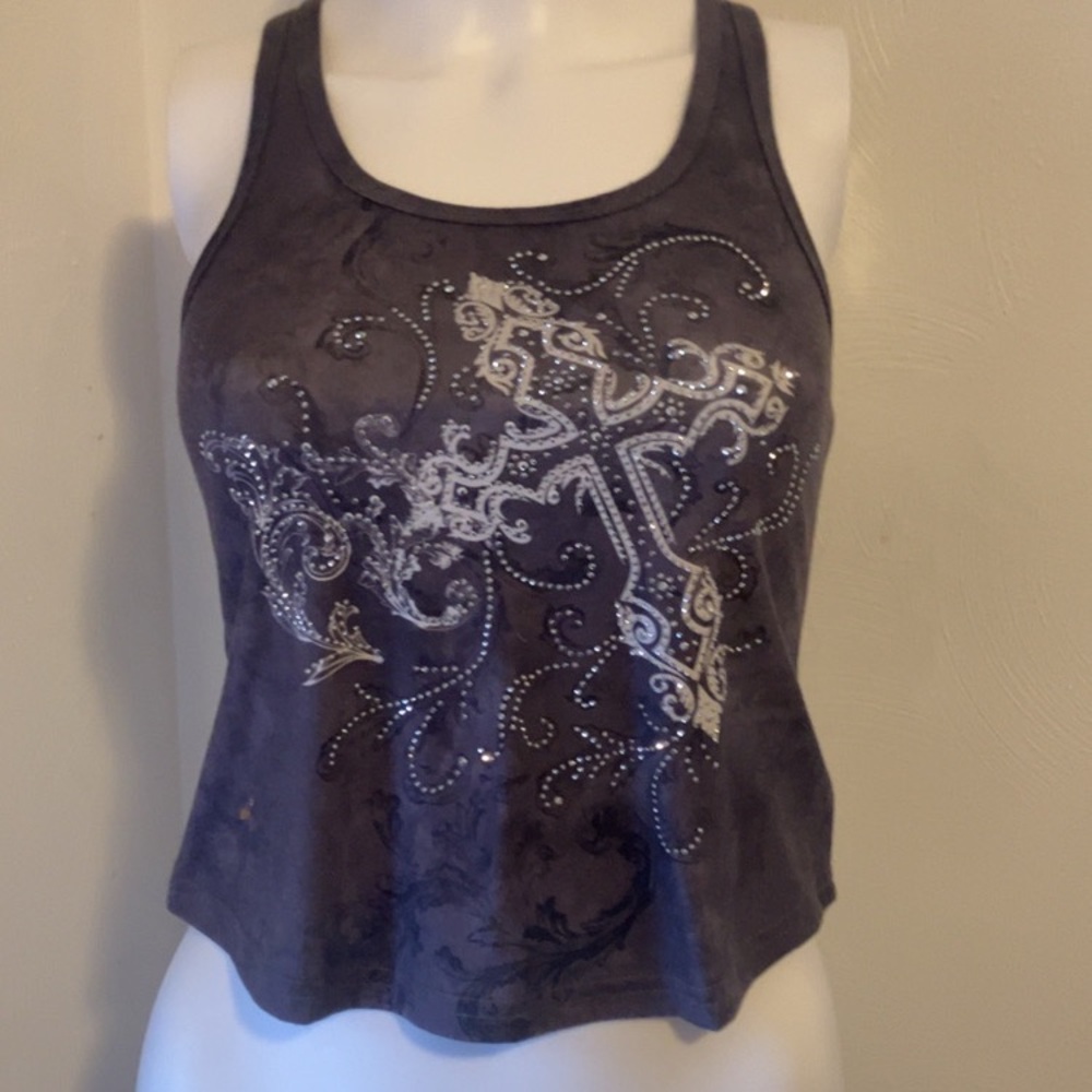 SHEIN Dark Gray Embellished Cross Racerback Tank